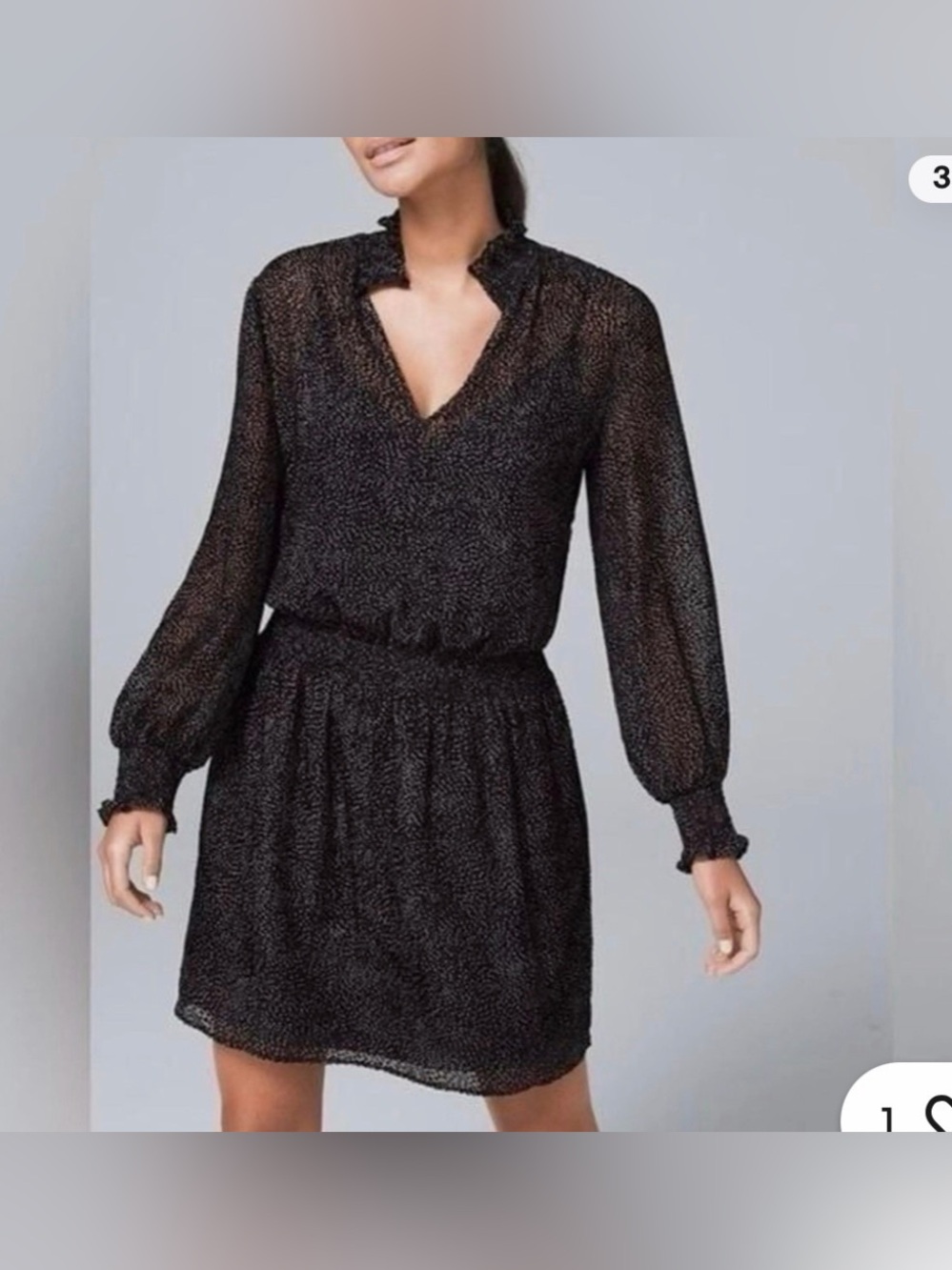 White House Black Market Black Long-Sleeve V-Neck Smocked-Waist Dress large